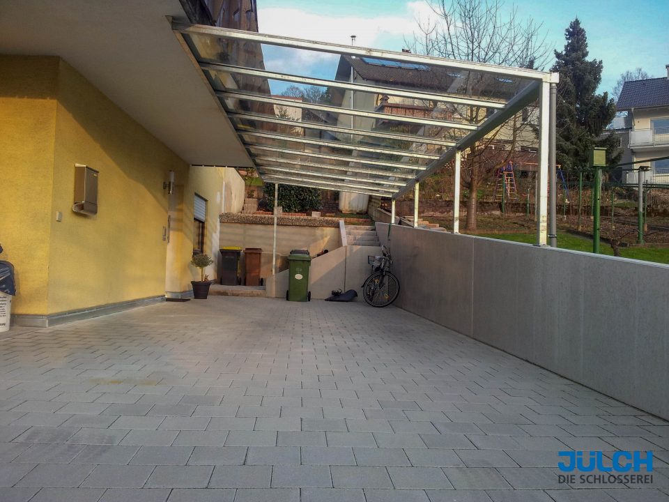 Carport feuerverzinkt, Glas Ueberdachung, Wetterschutz Regenschutz Alu Klemmleiste inklusive Regenrinne